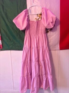 Pink Puff-Sleeve Tiered Midi Skirt Dress